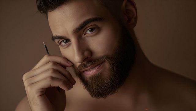 Holding pencil near cheek, intimate bearded male portrait emphasizing grooming and skin texture