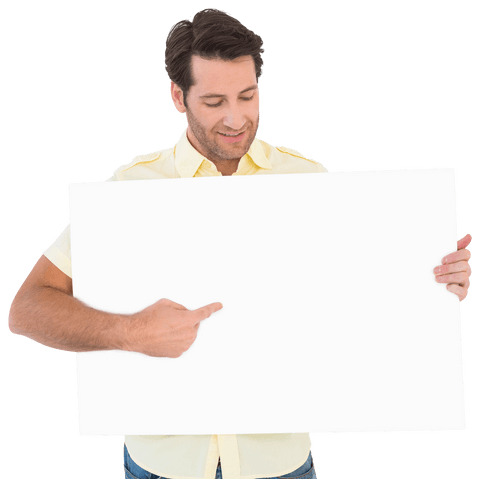attractive man smiling pointing at large transparent blank poster - Download Free Stock Videos Pikwizard.com