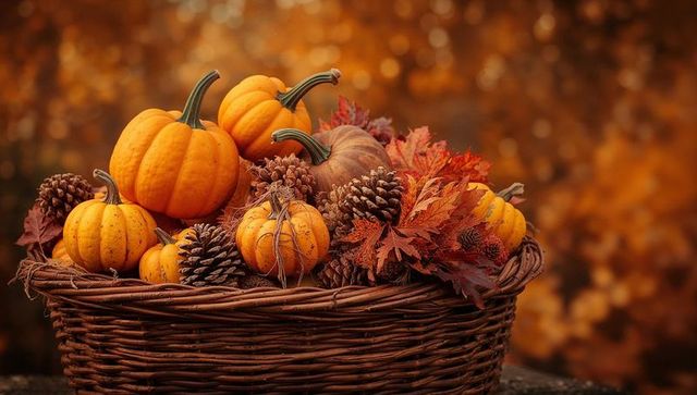 Wicker Basket with Pumpkins and Autumn Foliage in Scenic Yard