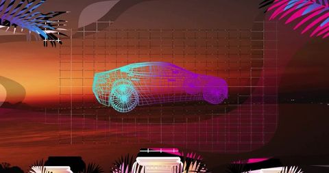 Hovering neon wireframe sports car over coastal sunset grid reflecting cyberpunk glow
