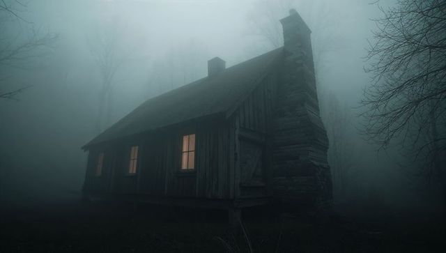 Misty foggy woodland cabin with glowing windows