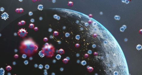 Earth Viewed in Space with Floating Virus Particles