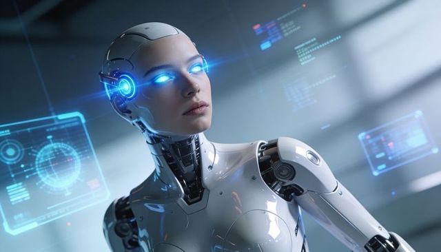 Futuristic female humanoid robot operating holographic interface with glowing blue led eyes