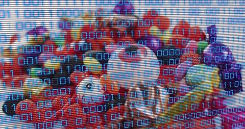 Colorful plush toy pile blending soft stuffed animals with binary code glitch overlay