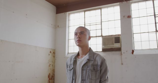 Young biracial man stands thoughtfully in a spacious room, with copy space. His contemplative gaze adds a sense of introspection to the scene.