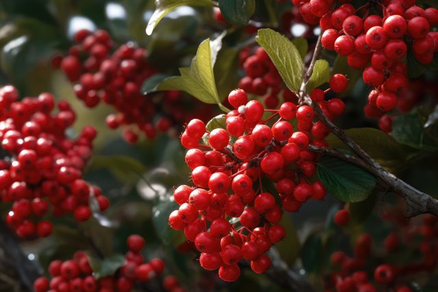 Clusters of vibrant red berries on lush green plants illuminated by sunlight, ideal for portraying nature, healthy eating, or gardening themes. Perfect for websites, advertisements, and articles focusing on natural foods, organic produce, or outdoor settings.