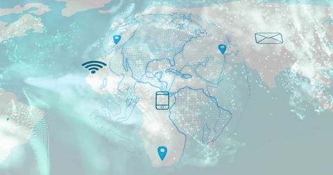 Rotating digital globe with network overlays, smartphone icon, wi-fi symbol and map pins