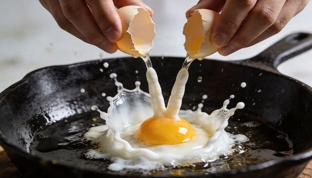 Cracking Egg Over Cast Iron Skillet with Dramatic Yolk Splash and Hands Close-up