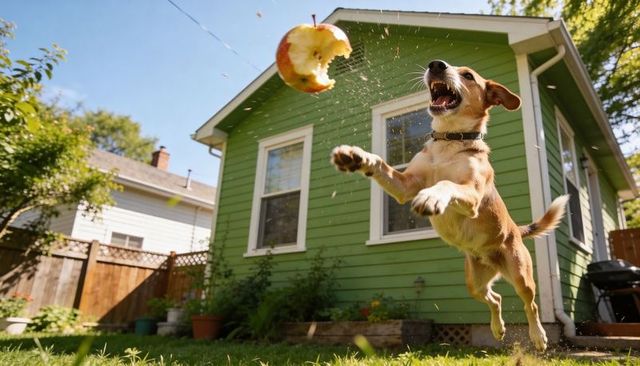 Leaping terrier catching bitten apple midair in sunny backyard lawn, playful action