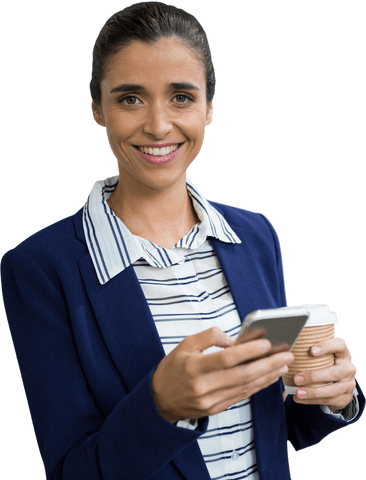 Transparent Businesswoman Smiling Holding Phone and Coffee Cup