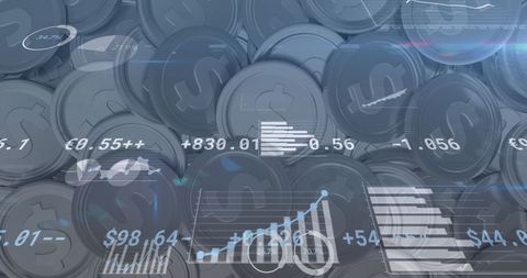 Digital Financial Data Processing Over Silver Coins Background