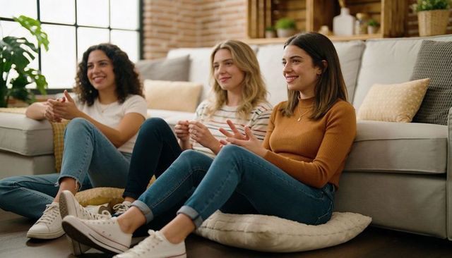 Three friends relaxing together on living room floor wearing denim jeans and white sneakers