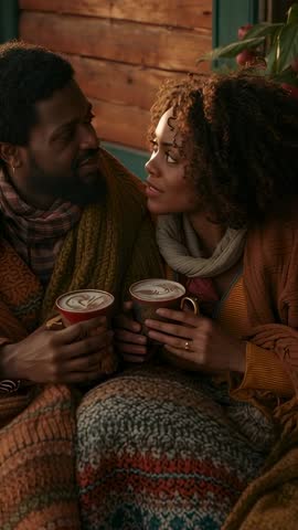 Vertical video of couple sharing lattes and gazing while snuggling on autumn porch