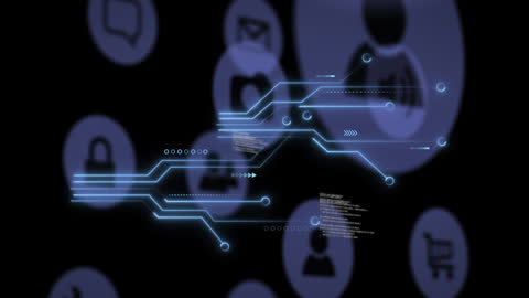 Futuristic Data Processing with Media Icons in Motion