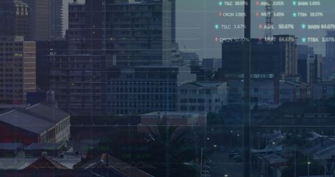 Cityscape Overlaid with Financial Data and Digital Interfaces