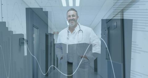 Doctor with Data Overlay in Modern Hospital Setting