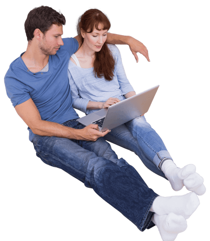 Caucasian Couple Using Laptop on Transparent Background