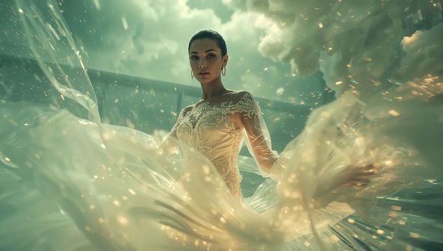 Ethereal Elegance: Asian Model in Fantasy Embroidered Dress