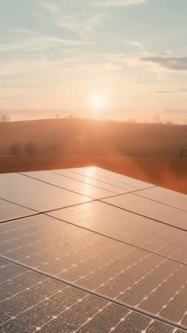 Vertical video Sunrise casting golden light across solar panel array on rolling farmland