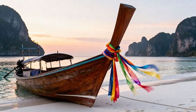 Long-tail boat resting at sunrise on white-sand tropical beach with colorful ribbons