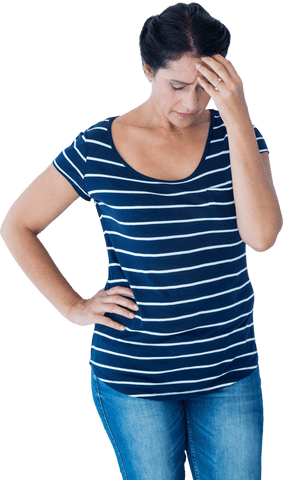 Transparent image of sad woman holding head in distress