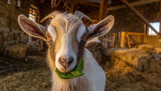 Curious goat chewing green leaf in sunlit rustic barn with hay bales and timber beams