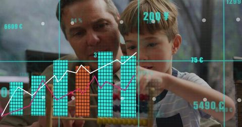 Man mentoring boy with wooden abacus while augmented turquoise charts overlaying scene