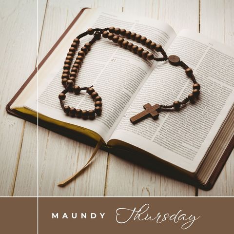 Maundy thursday prayer with bible and rosary on wooden table