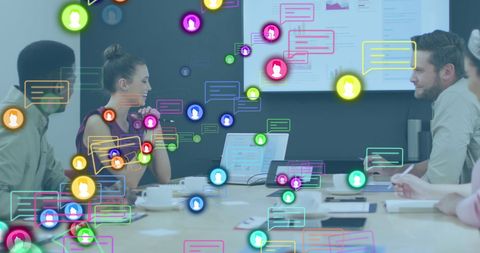 Colleagues Discussing Concepts with Social Media Overlay