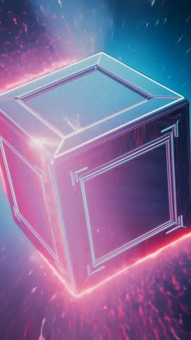 Rotating Energy Cube Floating in Cosmic Void Futuristic Vertical Tech Clip with Neon Sparks