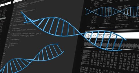 Digital dna helix on tech interface with encryption and code elements