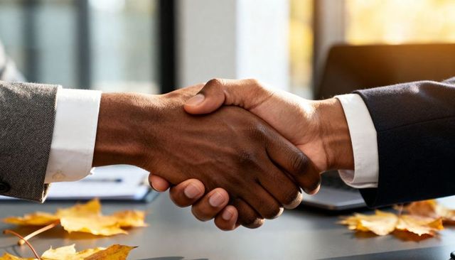 Black businessmen shaking hands sealing autumn business deal in modern office boardroom