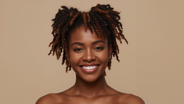 Smiling young woman with auburn twists and hoop earring facing camera on beige backdrop
