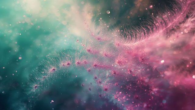 Ethereal glow of pink threads in dreamlike aqua environment