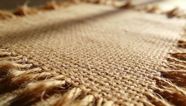 Macro woven jute burlap texture with coarse fibers and fringed edge in warm light