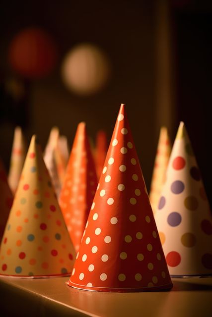 Colorful party hats with polka dot designs arranged on a table under soft lighting create a festive atmosphere perfect for birthday celebrations or any joyous occasion. These vibrant decorations add a cheerful and fun element to any party setting. Ideal for use in promotional materials, greeting cards, or as part of advertisements for party supplies and accessories.
