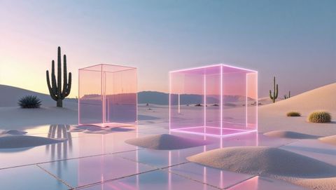 Futuristic Neon Cubes in Surreal Desert Landscape at Dusk