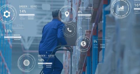 Reaching mature warehouse worker on mobile ladder with AR logistics HUD and data overlays