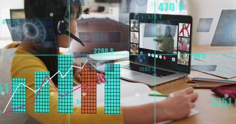 Child attending remote math lesson while interacting with virtual data charts and teacher
