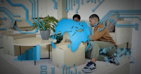 Couple unpacking boxes in modern living room with digital globe and circuit overlay