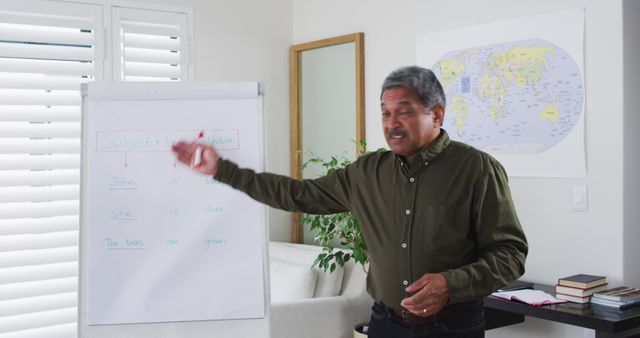 Senior man giving English grammar lesson with whiteboard - Download Free Stock Images Pikwizard.com