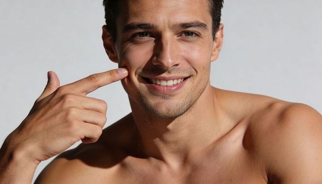 Smiling shirtless man pointing to cheek closeup for skincare, grooming and dental campaign
