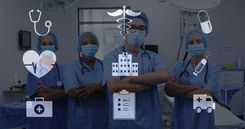 Surgical team standing with arms crossed in operating room wearing masks and scrubs