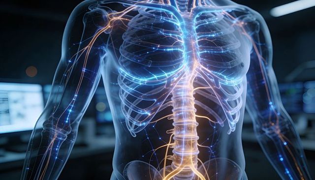 Translucent torso revealing spine and glowing neural network medical research visualization