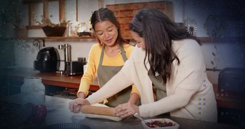 Rolling Dough Together in Cozy Rustic Kitchen, Baking Lesson, Home Pastry Moment