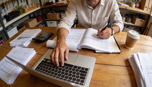 Accountant reviewing financial ledger while typing on laptop in home office workspace