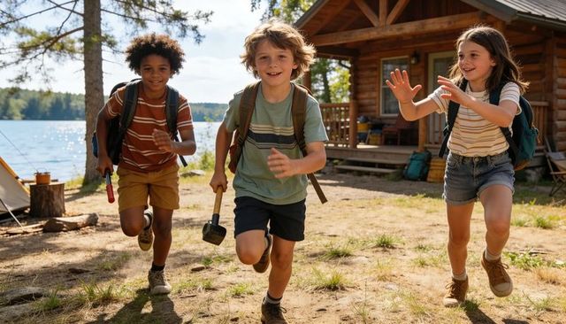 Children running toward camera at lakeside camp carrying backpacks mallet and toy