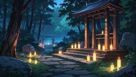Mystical anime shinto shrine gate illuminated at night