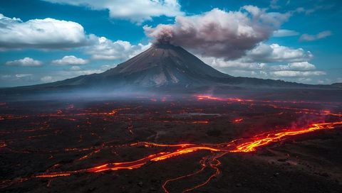Active volcano emits ash with flowing lava on volcanic terrain