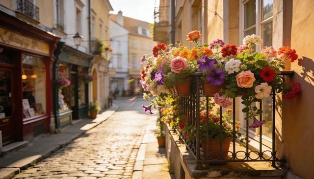 Sunlit european cobblestone street with vibrant window-box flowers blooming over iron railing